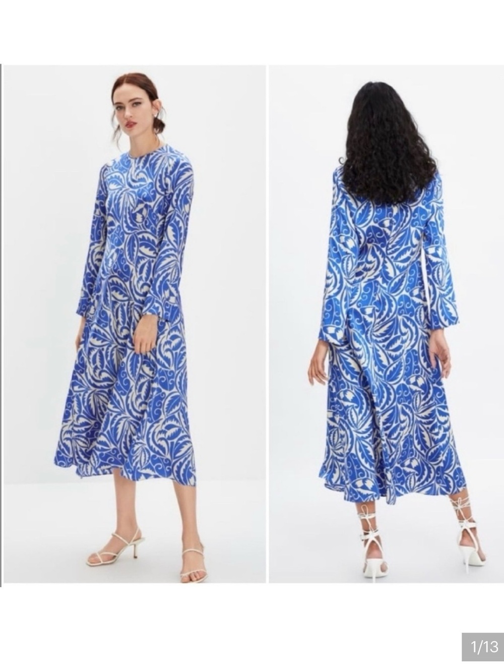 ZARA / blogger fave BLUE Satin Leaf Floral Print Long Sleeve Midi Maxi Dress S